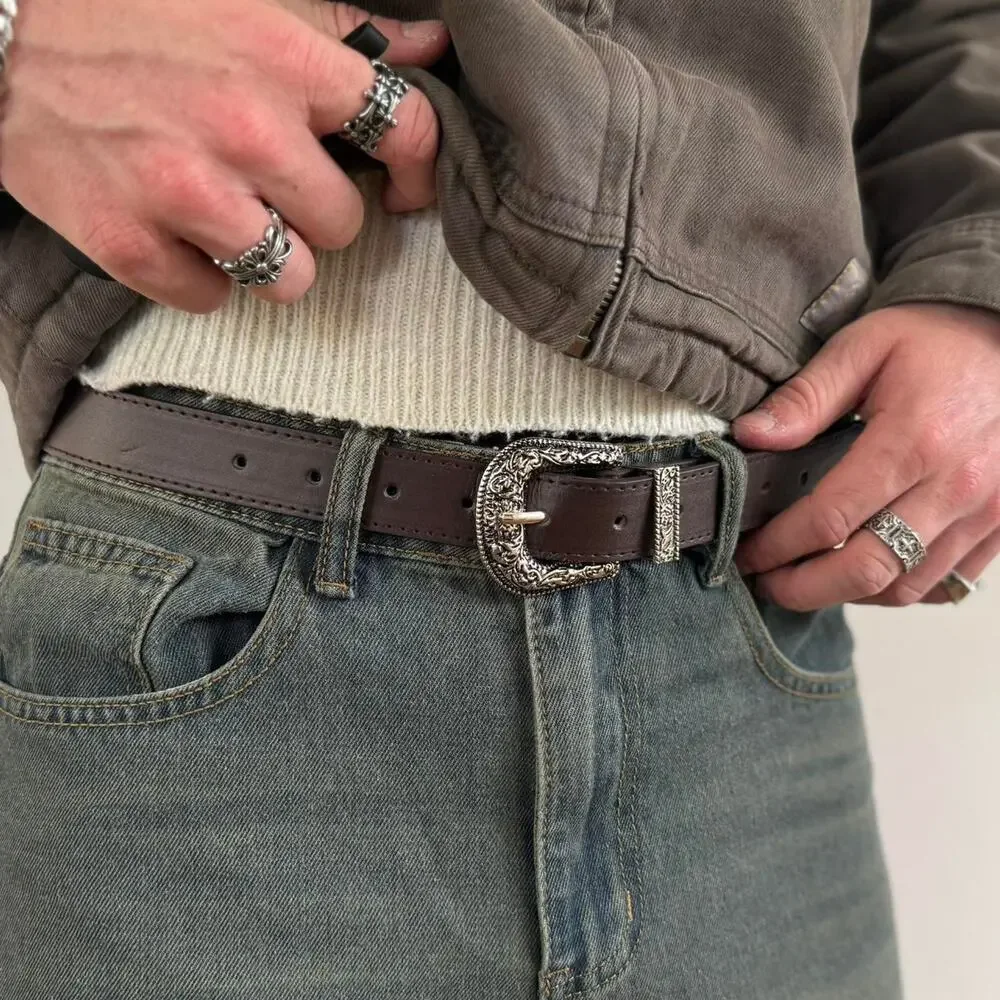 Y2K Brown Western Cowboy Belt – Boho Style, Unisex, Fits 26–34, Brand New